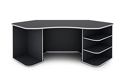 byLIVING THANATOS/Gaming-Tisch in Anthrazit mit Kanten in Weiß/Eck-Schreibtisch mit viel Stauraum und XXL Tischplatte/Computer/PC/Arbeits-Tisch / 198x76x85cm (BxHxT)
