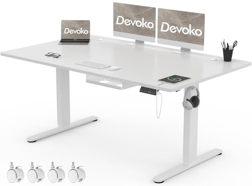 Devoko Höhenverstellbar Schreibtisch 160x80cm mit USB-C&A Ladeanschluss, Mobiler Elektrisch Computertisch mit Kabel Management Tray und 3-Funktions-Memory, Weiß mit Rollen