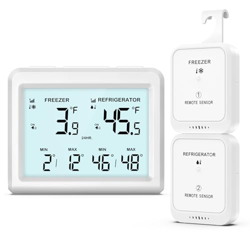 ORIA Digitales Kühlschrankthermometer, Gefrierschrank Refrigerator Thermometer mit 2 kabellosen Sensoren, 3,7' Bildschirm, 2 Alarmmodi (Symbol/Klang), ℃/℉, Min/Max-Wert, für Zuhause, Restaurants