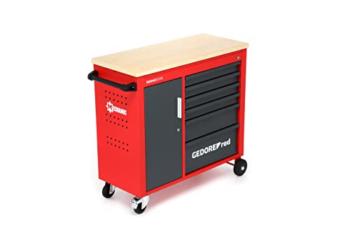 GEDORE red Werkstattwagen MECHANIC PLUS, Werkzeugwagen mit 6 Schubladen und Holzplatte, Rollwagen, leer, R20150006