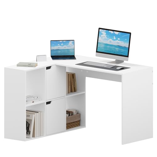 eSituro 120cm Schreibtisch L-Form Weiß, Eckschreibtisch mit Regalen, Computertisch mit Ablagen, Bürotisch, Tisch mit Bücherregal, Corner Desk with Shelves, 118x100x75 cm