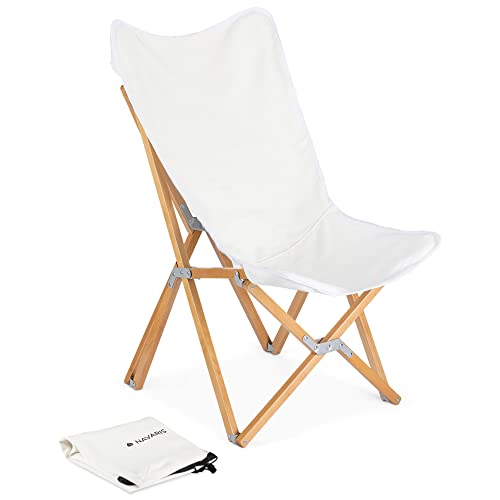 Navaris Holz Klappstuhl mit Leinen Sitzfläche - Outdoor Camping Loungestuhl inkl. Tragetasche - Liegestuhl Garten Lounge Sessel klappbar - Beige