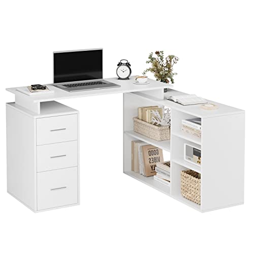 FirFurd Eckschreibtisch L-förmiger Schreibtisch Computertisch mit 3 Schubladen und Regalen für Büro Arbeitszimmer 129 x 104 x 76 cm weiß