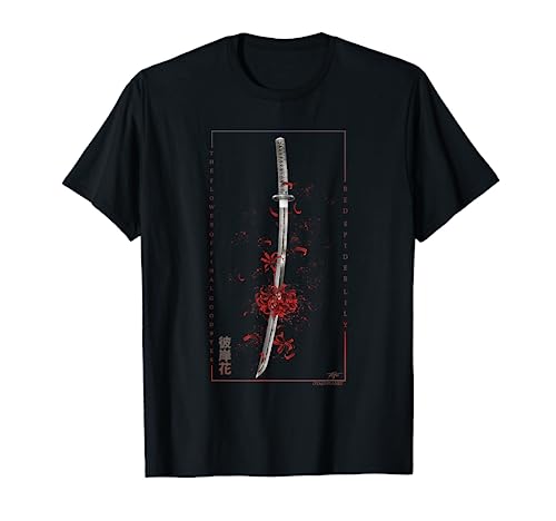 Samurai Schwert Anime Spinne Lilie mit japanischem Text Ästhetik T-Shirt