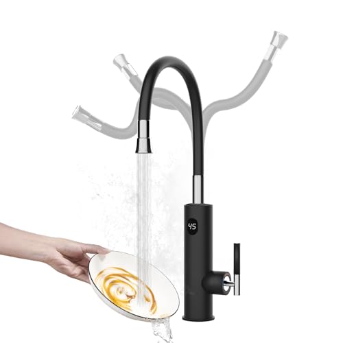 Elektrische Wasserhahn mit Durchlauferhitzer Küche, 230V 3200W Sofortiger Warm Küchenarmatur mit Flexibler Auslauf und LCD Temperaturanzeige, 360º Swivel Elektrischer Wasserhähne, Schwarz