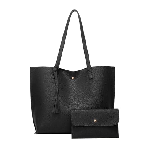 Handtasche Damen Groß Damen Handtasche Shopper Groß Schultertasche PU Leder Große Kapazität Laptop Trage Tasche Damen Schultertasche Für Arbeit, Schule, Einkauf, Mit Einer Damen Geldbörse (Schwarz)