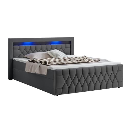 Juskys Boxspringbett Leona 180x200 cm - Bett mit LED Beleuchtung, Topper & H4 Federkern Matratzen - Doppelbett Grau mit Samt und Steppung