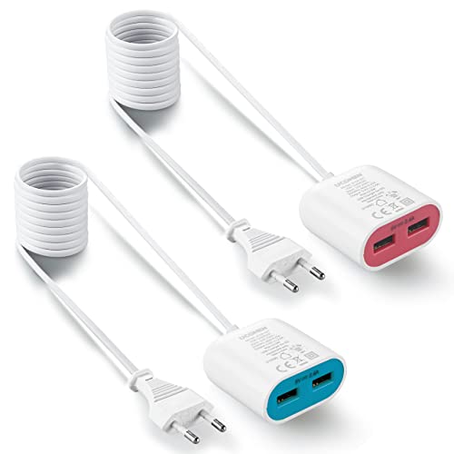 UCOMEN Steckdose mit USB 2 Ports, 2.4A USB mit Verlängerungskabel 1.5m, Blau und Rosa - 2er Pack