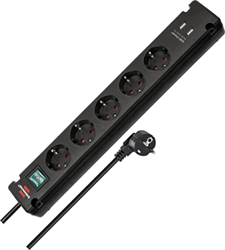 Brennenstuhl Bremounta Steckdosenleiste 5-Fach mit USB-Ladefunktion (Mehrfachsteckdose mit 90 Grad Steckdosen, Steckerleiste mit Schalter, Befestigungsmöglichkeit und 3m Kabel) schwarz