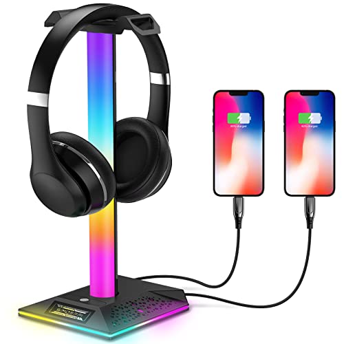 SIMOEFFI RGB Gaming Kopfhörer Ständer, Headset kopfhörerständer mit 2 USB-Anschlüsse und 3.5mm AUX, Kopfhörerhalter 10 Lichtmodi Speicherfunktion für Gamer PC Zubehör Schreibtisch