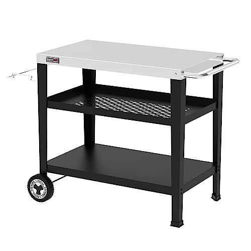 Royal Gourmet Servierwagen 3-Etagen mit Müllsackhalter Küchenwagen Edelstahl Beistelltisch Outdoor Plancha Grilltisch Rollwagen Trolley Silber Arbeitsplatte 85 x 50cm