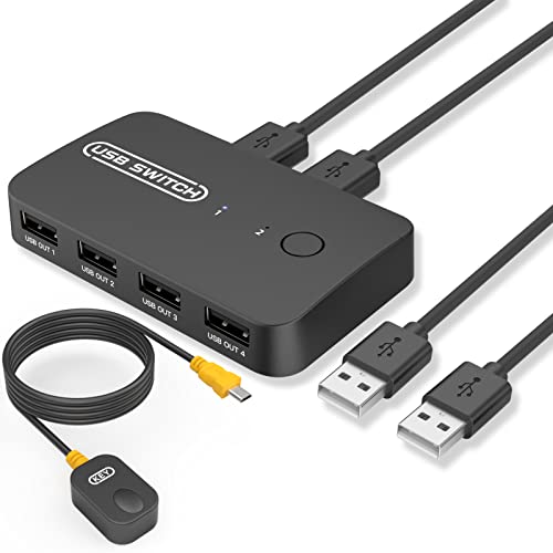 KVM Switch, eppfun 4 Ports USB Teilen USB Switch für 2 PCs, 2-In 4-Out Umschalter mit 2 USB Kabel und Fernbedienung, für Drucker, Scanner, Tastatur, Maus, Unterstützt USB Audio Sender