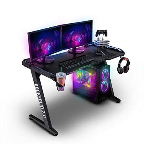 ELITE Gaming-Tisch Rocksolid 2.0 | Gaming - LED-Beleuchtung - Headsethalterung - Kabelkanal - Getränkehalter - Schreibtisch - Gaming Tische - Arbeitstisch - Computertisch (Schwarz RGB)