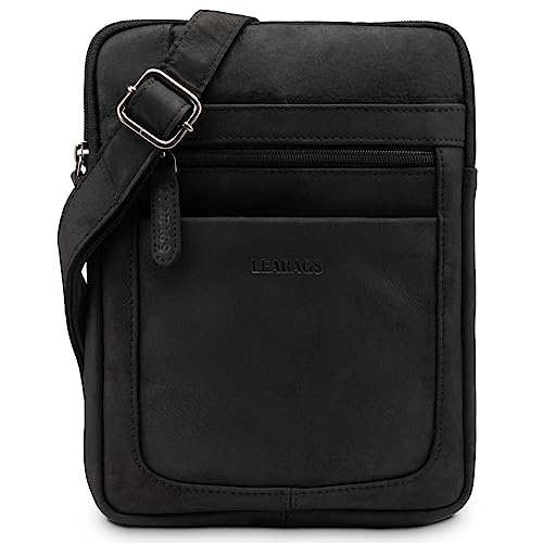 LEABAGS Leder Umhängetasche Herren & Damen I Messenger Bag mit Schultergurt I Schultertasche I Arbeitstasche I Tragetasche I Handtasche I Echtleder Tasche I Nature Schwarz