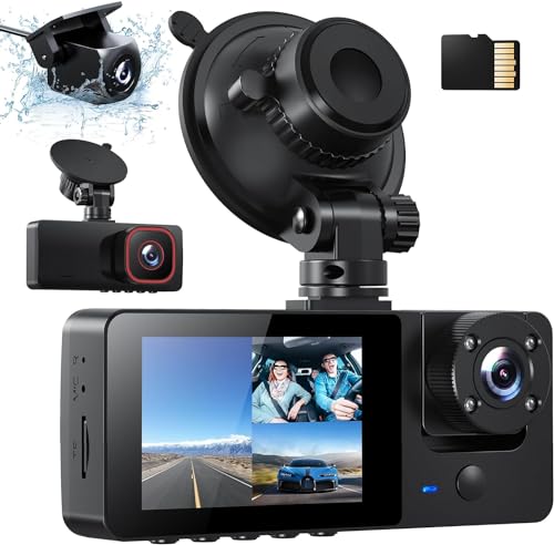 Bestsee 1080P Dashcam Auto Vorne Hinten und Innen mit 64GB SD-Karte, Autokamera mit Parküberwachung, Bewegungserkennung, Infrarot Nachtsicht, G-Sensor, Loop-Aufnahm, WDR, Sichtwinkel（170°+150°+150°）