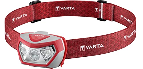 VARTA Stirnlampe LED inkl. 3x AAA Batterien Kopflampe, Outdoor Sports H20 Pro, drei Leuchtmodi, spritzwassergeschützt, Dimmfunktion, mit schwenkbarem Kopf, rot