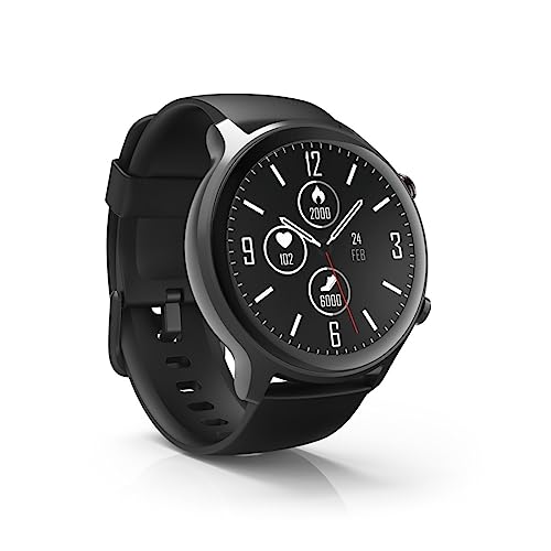 Hama Smartwatch 6910 wasserdicht m. GPS-Tracker, großes Display (1,28' Full-Touch LCD-Chronograph, GPS-Laufuhr m. Blutsauerstoff- und Pulsmesser, Sportuhr Herren, Schlaftracker, Fitness-Uhr) schwarz