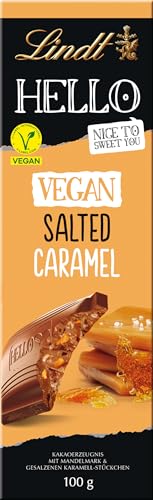 Lindt Schokolade HELLO Tafel Vegan Salted Caramel | 100 g Tafel | Vegan mit Kakao, Mandelmark, Karamellzucker und einem Hauch von Salz | Schokoladengeschenk