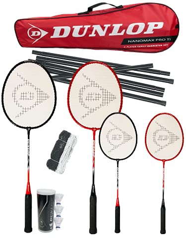 Dunlop Sports Nanomax Pro Ti Family Badminton-Set, inkl. 2 Erwachsene, Junior-Schläger, Netz, Pfosten, Tragetasche und 3 Shuttles, Einheitsgröße