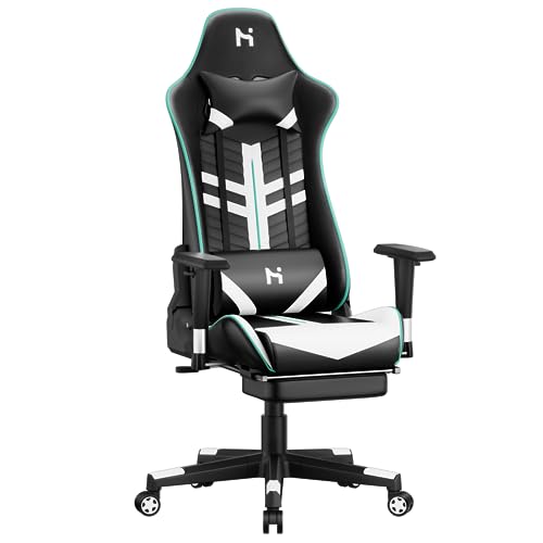 HLONONE Gaming Stuhl Ergonomischer Bürostuhl,Gamer Stuhl mit Kopfstütze,Lendenkissen und Armlehnen,PC Stuhl Höhenverstellbar,Rückenlehne verstellbar 90-165°, Tragfähigkeit 200 kg, Schwarz-weiß