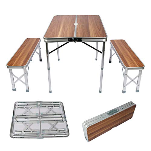 Wiltec Koffertisch mit 2 Bänken Holzdesign Aluminium 90x66x70 cm Campingtisch klappbar Sitzgruppe Campingmöbel Outdoor Tisch