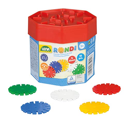 Lena 35946 Steckspiel Rondi 45 in Baudose, 55 Teile in bunten Farben, ca. 45 mm, 3 Jahre to 10 Jahr , Konstruktionsspielzeug mit Steckteilen, Mehrfarbig