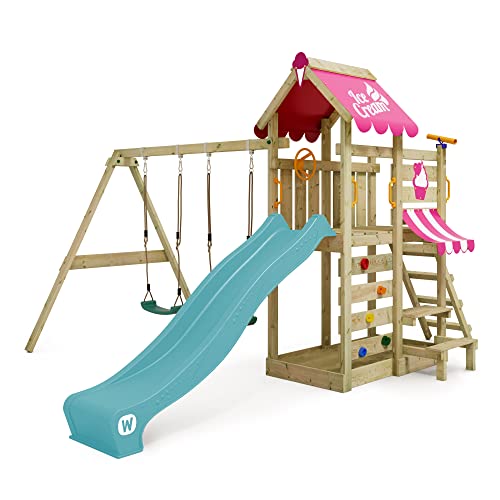 WICKEY Spielturm Klettergerüst VanillaFlyer mit Schaukel, pinker Plane & türkiser Rutsche, Outdoor Kinder Kletterturm mit Sandkasten, Leiter & Spiel-Zubehör für den Garten