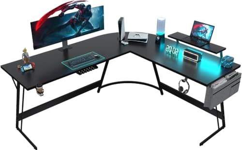 Devoko Eckschreibtisch Gaming Tisch 160cm mit LED, Gaming Schreibtisch L Form mit Monitorständer, Gaming Desk mit Headset Haken, Gaming Tisch L-förmiger,Groß Pc Ecktisch,Schwarz