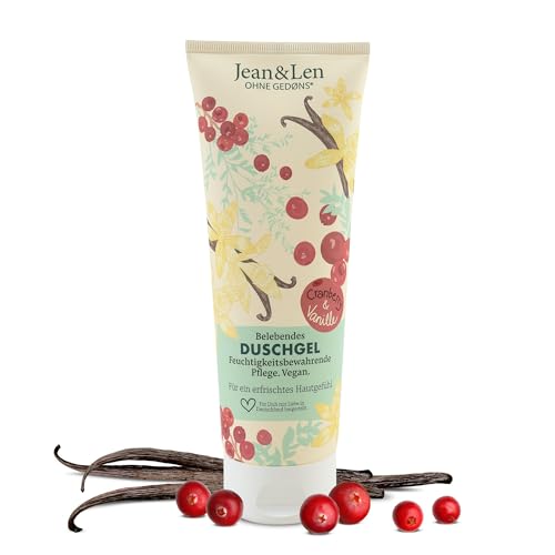 Jean & Len Duschgel Cranberry & Vanille, pH-hautideal, belebendes Duscherlebnis, mit Cranberry- und Vanille-Extrakt, für weiche Haut, veganes Duschgel, ohne Parabene & Silikone, 250 ml