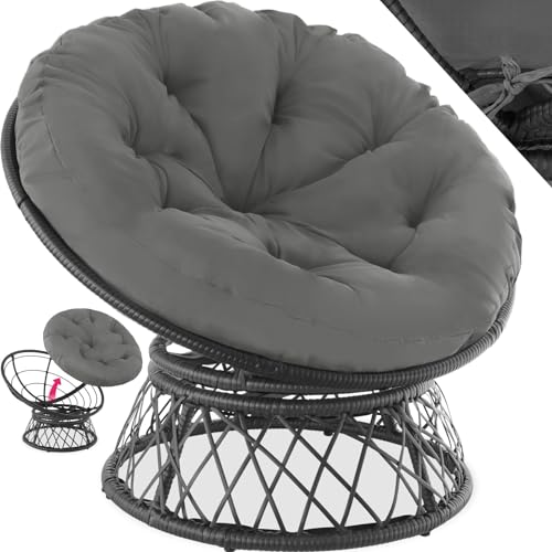 tectake® Papasansessel, gemütlicher Drehsessel mit Kissen rund, bequemer Rattansessel, Loungesessel drehbar, runder Relax Korbsessel Rattan für Wohnzimmer, Leseecke, Lounge - schwarz