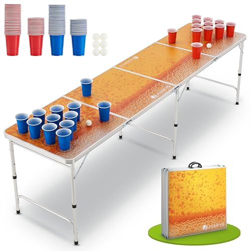 Juskys Partyspiel Tisch klappbar - Wurfspiel Set inkl. 100 Becher (50 Rot & 50 Blau) & 6 Bälle - Alu Gestell, bis 50 kg belastbar - Gelb, Orange