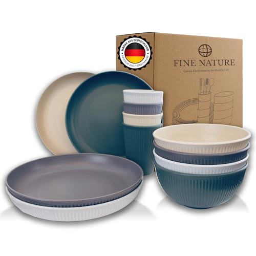 FineNature® Design Geschirrset 4 Personen – Wiederverwendbar Recyclebar - PP-Kunststoff, BPA-frei [12-Teilig] modernen Farben, Camping Geschirr Set, Teller, Schüsseln, Becher, Robust, Unzerbrechlich