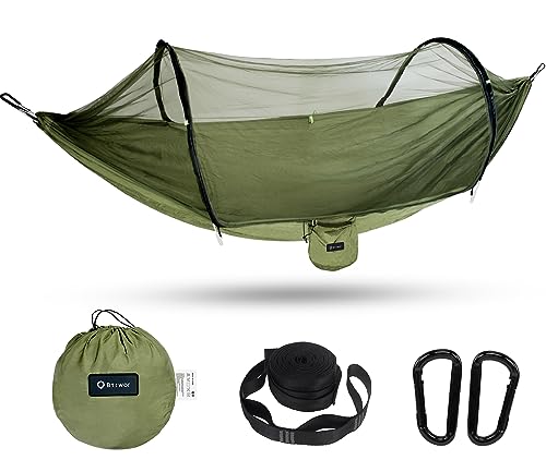 BTRWOR Hängematte, Hängematte Outdoor mit Moskitonetz | Nylon Camping Reisehängematte | 300kg Traglast | 260x140cm | Campingzubehör für draußen, drinnen mit Baumgurten (Olive)