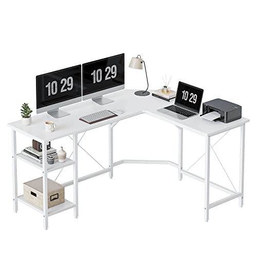 CubiCubi L-förmiger Schreibtisch mit Regalen, 150x120 cm, Eckschreibtisch, L-förmiger Gaming-Schreibtisch, Homeoffice-Schreibtisch, Weiß