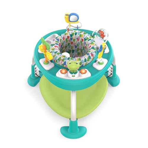 Bright Starts, Bounce Bounce Baby 2 in 1 Spieltisch Aktivität Sitz - Playful Pond mit 7 interaktiven Spielzeug, 360° Spielstation, Höhenverstellbare, Babyspielzeug ab 6 Monaten, grün