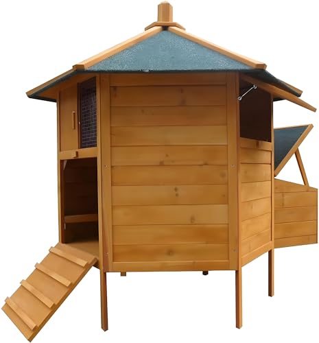 Melko Hühnerstall 6-Eck Hühnervoliere Pavillion, aus Holz, 131 x 125 cm, braun mit grüner Dachpappe, inkl. Rampe + 2 Hühnerstangen + Nestbox