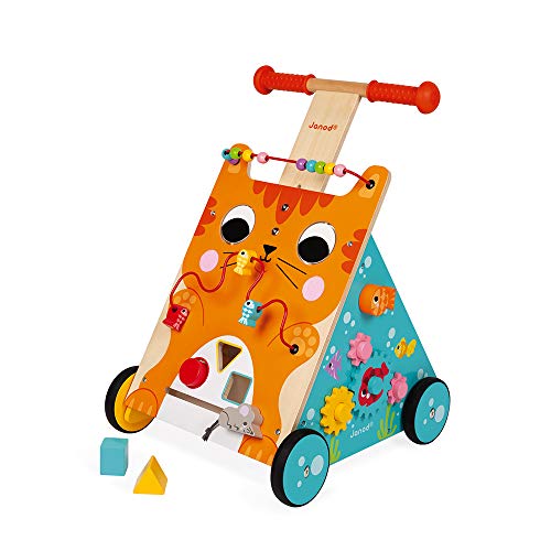 Janod Wooden Activity Baby Walker Cat - Push Along Toy with Brake and Height Adjustable Handle - First Steps, Learning to Walk - From 12 Months Old, J08005