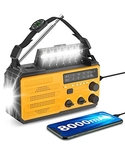 Greadio Kurbelradio,Solar Notfallradio Dynamo AM FM Radio mit Handyladefunktion, 8000mAh Powerbank mit Taschenlampe & leselampe, SOS Alarm für, Kompass,Kopfh reranschluss,Typ-C-Ladung,Wetterfunkgeräte