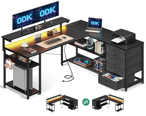 ODK Schreibtisch mit Schubladen, Reversible Eckschreibtisch mit 2 Steckdosen und 2 USB Ladeanschluss, Gaming Tisch L Form mit LED für Home Office, Schwarz, 135×110cm