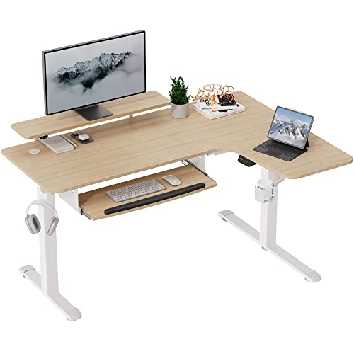 EUREKA ERGONOMIC Höhenverstellbarer Schreibtisch 155x110 cm Großer Eckschreibtisch Höhenverstellbar Schreibtisch Höhenverstellbar Elektrisch Gaming Tisch L Form mit Tastaturablage, LED Monitorständer