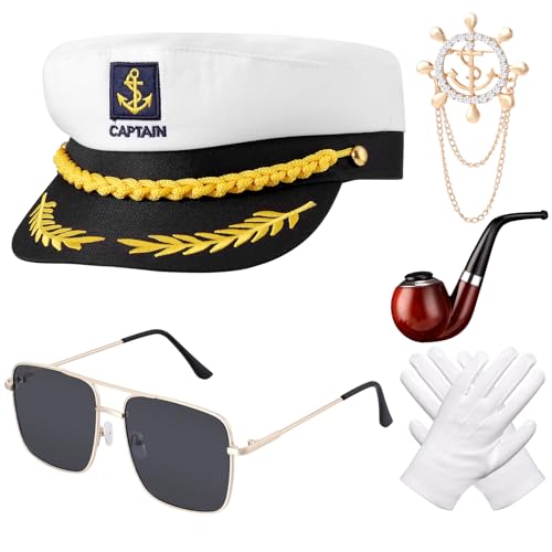 Xinstroe 5 Stück Yacht Kapitän Hut Kapitänsmütze Kostüm Set,Verstellbare Yacht Schiff Boot Marine Mütze Mit Sonnenbrille,Kapitän Prop,Handschuhe,Abzeichen für Partys Cosplay