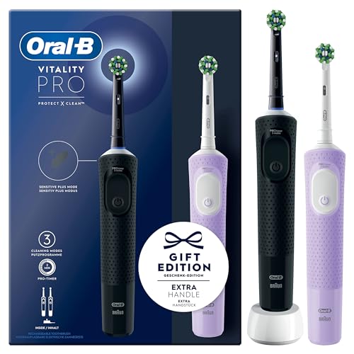 Oral-B Vitality Pro Elektrische Zahnbürste/Electric Toothbrush, Doppelpack mit 2 Aufsteckbürsten, 3 Putzmodi für Zahnpflege, Geschenk Mann/Frau, Designed by Braun, schwarz/lila
