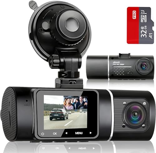 abask J05 Dashcam Auto 1080P Dash Cam Vorne Innen mit 32GB SD-Karte, 310° Weitwinkelansicht, Autokamera mit Parküberwachung, Bewegungserkennung, Infrarot Nachtsicht, G-Sensor, Loop-Aufnahm, HDR, Akku