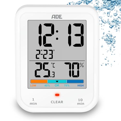 ADE Digitale Badezimmeruhr mit Hygrometer und Thermometer | wasserdicht nach IP65 | Duschtimer | Countdownfunktion | großes LCD-Display | mit Datumsanzeige | weiß