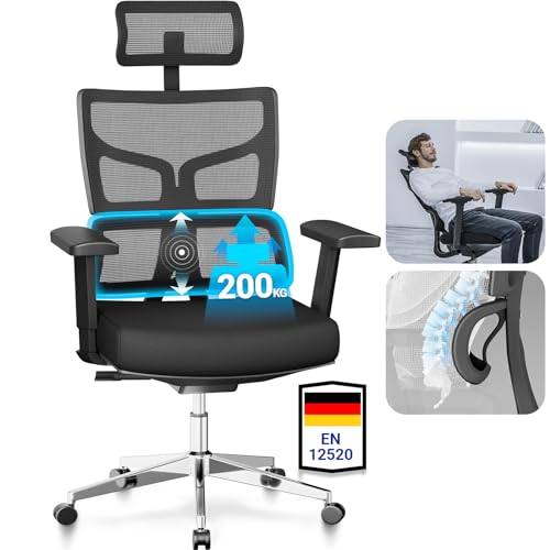 MELOKEA Bürostuhl 200kg, Schreibtischstuhl 3-Stufen-Verriegelung, Bürostühle XXL, Dynamische Lendenwirbelstütze, 3D-Überbreit-Armlehnen, 2D-Kopfstütze, Große Menschen 165-205 cm, ReliefBack Pro Max