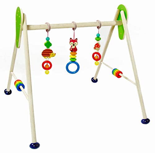 Hess Holzspielzeug 20034 - Spielgerät aus Holz, Serie Waldtiere, für Babys, handgefertigter Spiel-Bogen mit farbenfrohen Figuren und Rasseln, ca. 62 x 57 x 54,5 cm groß