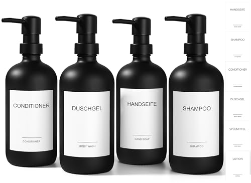 GMISUN Shampoo Flaschen zum Befüllen, 4 Stück 500ML Duschgel und Shampoo Spender für Dusche, Glas Seifenspender Dusche schwarz matt, Stilvoll Duschspender für Bad, Modern Duschgelspender für Dusche