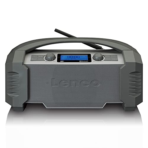 Lenco ODR-159 Dab+ Baustellenradio - Bluetooth 5.0, IP54 FM-Empfänger, wasserdicht - 15 W - RMS-Batterie - mit Ladegerät - AUX-in - USB - 5000 mAh - Grau