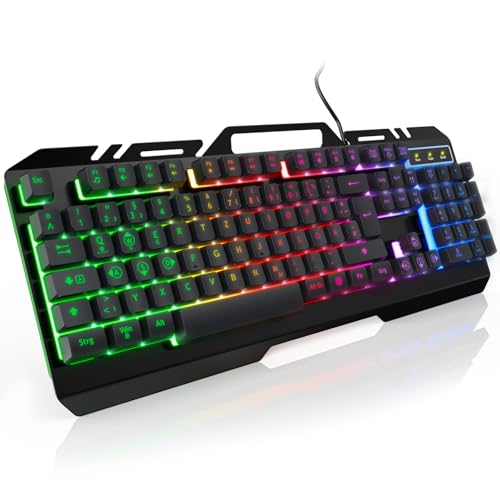 WisFox Office Gaming Tastatur Kabelgebunden, Rainbow LED Beleuchtete, mit Handy Halter, Leiser Tastenanschlag, 19 Schlüssel Anti-Ghosting, Robust Metal Frame, Deutsche Layout Kompakte, für PC Gamer