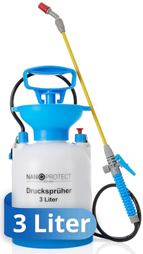Nanoprotect Drucksprüher 3 L | Universelle Sprühflasche für Essigsäure, Wasser, Dünger und mehr | Mit Schlauch, Tragegurt und Verstellbarer Düse, Weiß, Gelb, Blau